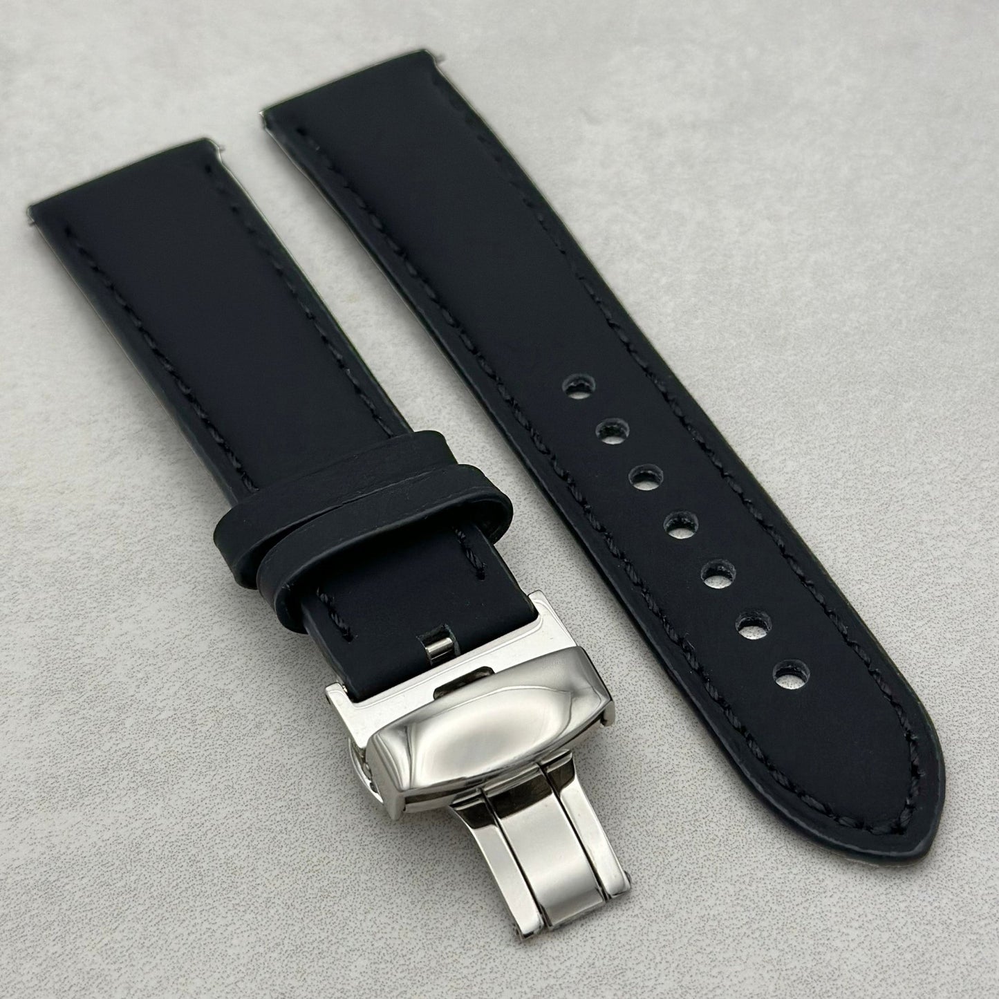 Athens jet black leather Apple Watch strap with polished butterfly clasp. Apple Watch Series 3 4 5 6 7 8 9 10, SE Ultra