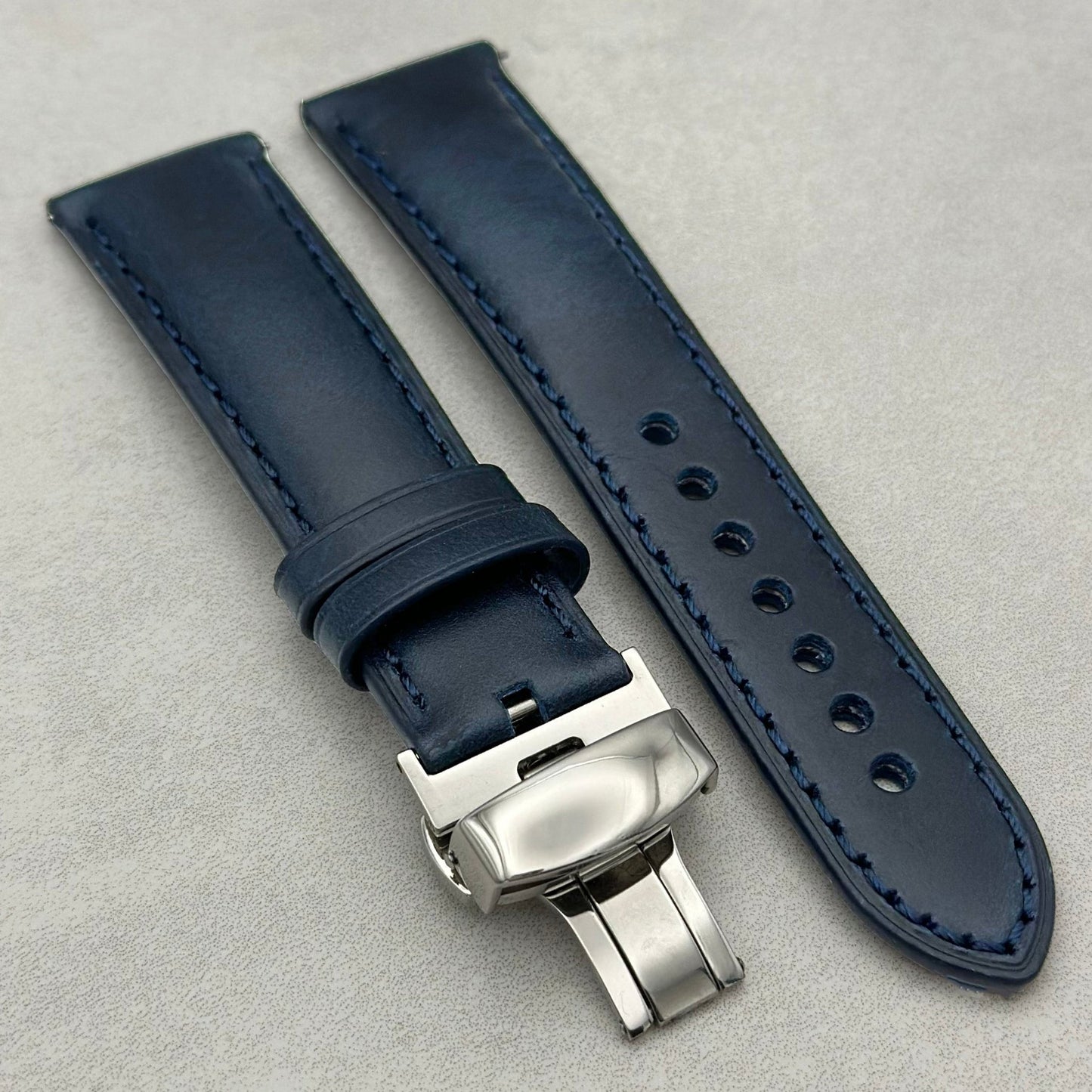 Athens blue leather Apple Watch strap with polished butterfly clasp. Apple Watch Series 3 4 5 6 7 8 9 10, SE Ultra