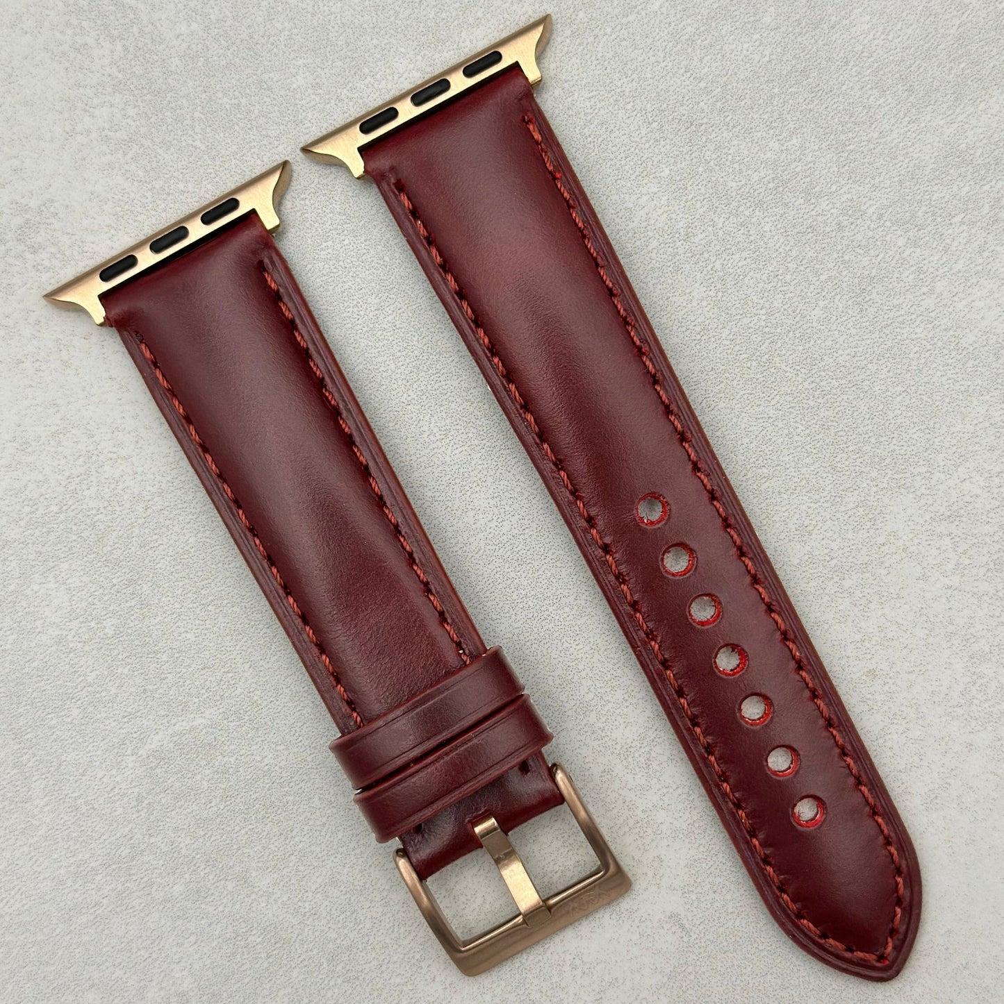 Athens wine red full grain leather Apple Watch strap. Padded. Apple Watch Series 6, 7, 8, 9, 10, 11, SE, Ultra and Ultra 2.