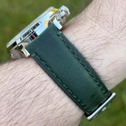 Green full grain leather watch strap. 18mm, 20mm, 22mm, 24mm. Quick Release. Watch And Strap.