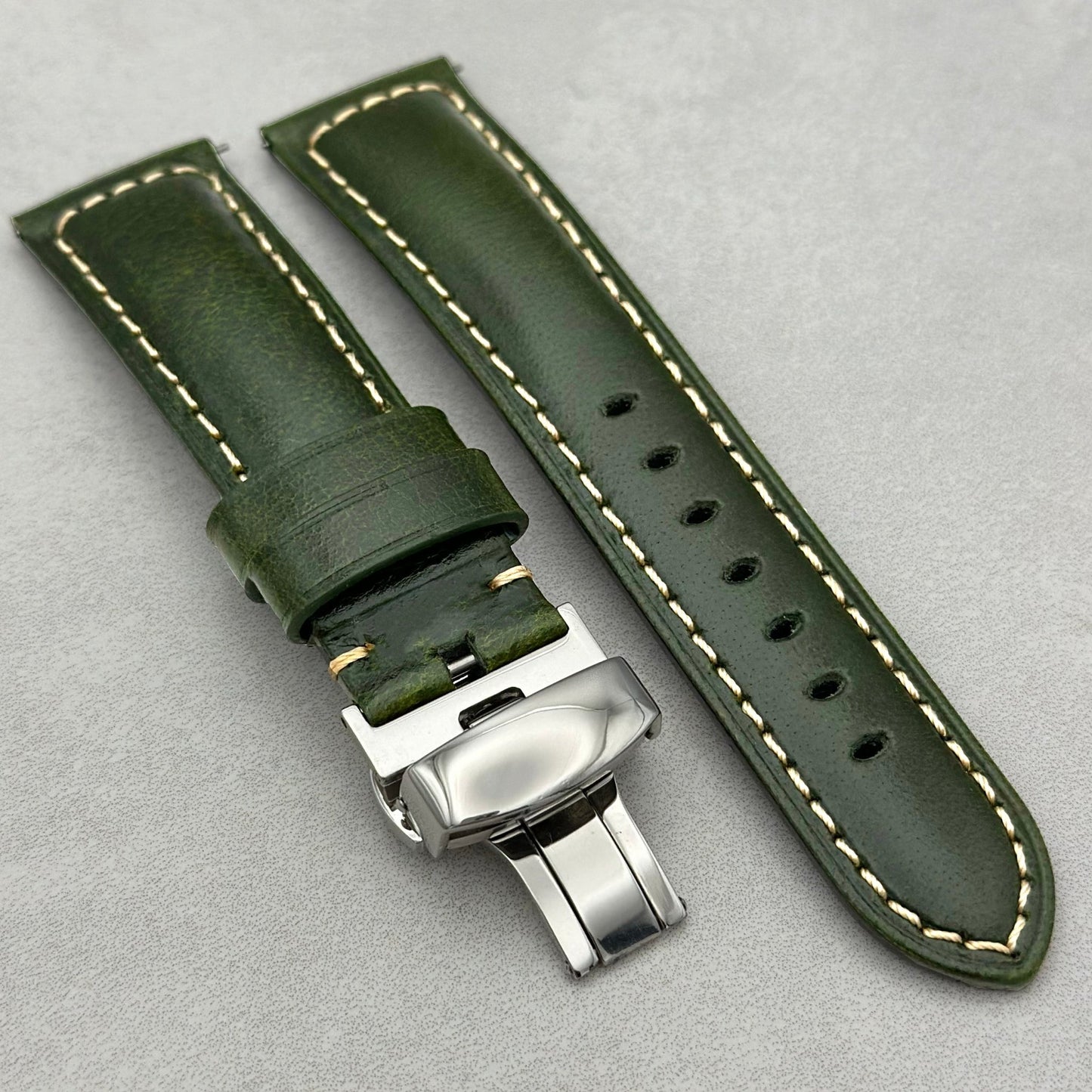 Berlin green leather Watch Strap. Polished Butterfly Clasp. Quick Release Pins. 18mm, 20mm, 22mm, 24mm. Watch And Strap