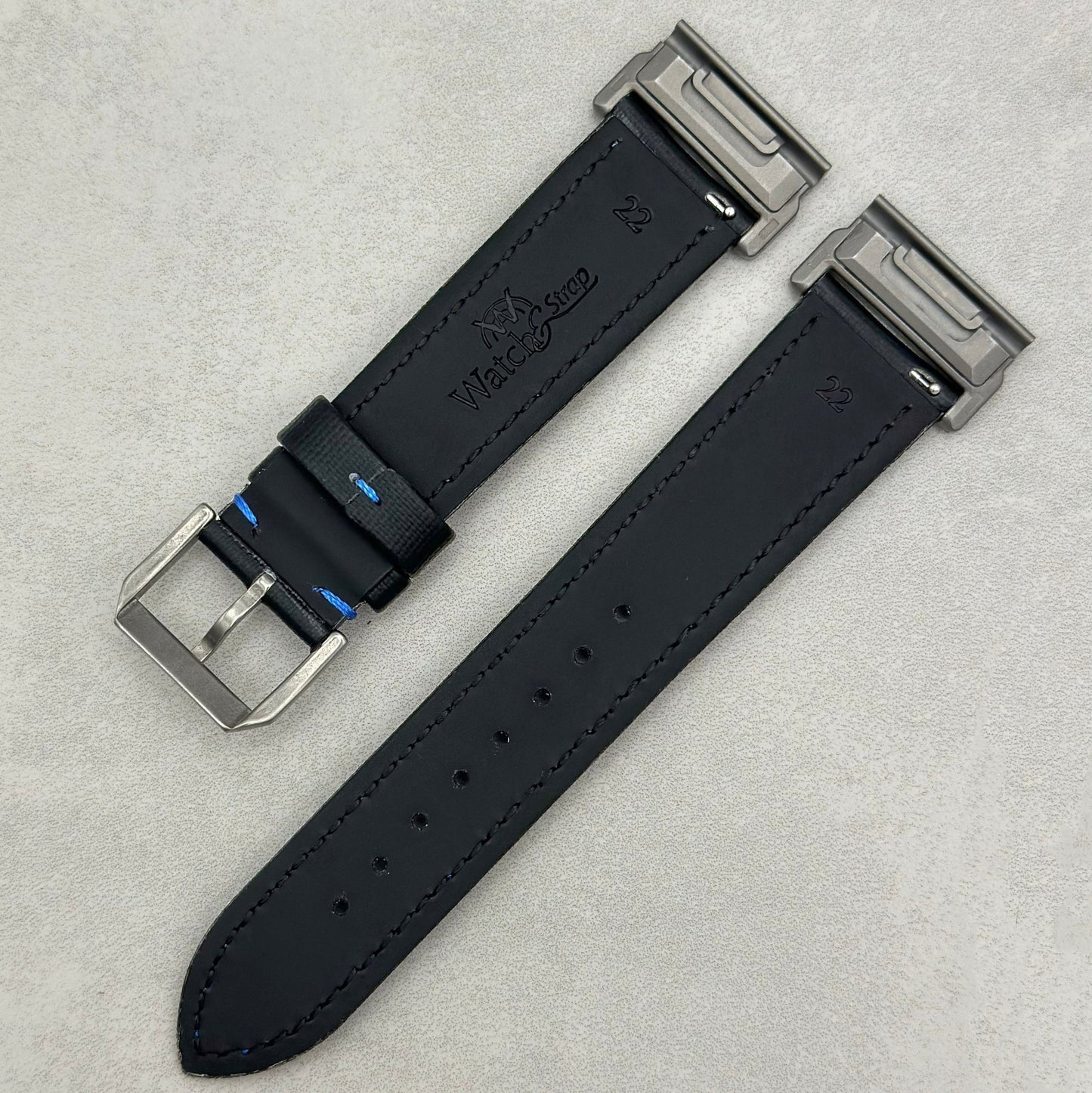 Bermuda black Garmin Quickfit watch strap with contrast blue stitching. 20mm, 22mm, 26mm.