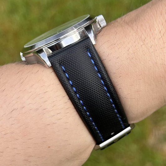 The Bermuda: Jet Black Sail Cloth Watch Strap With Contrast Blue Stitching