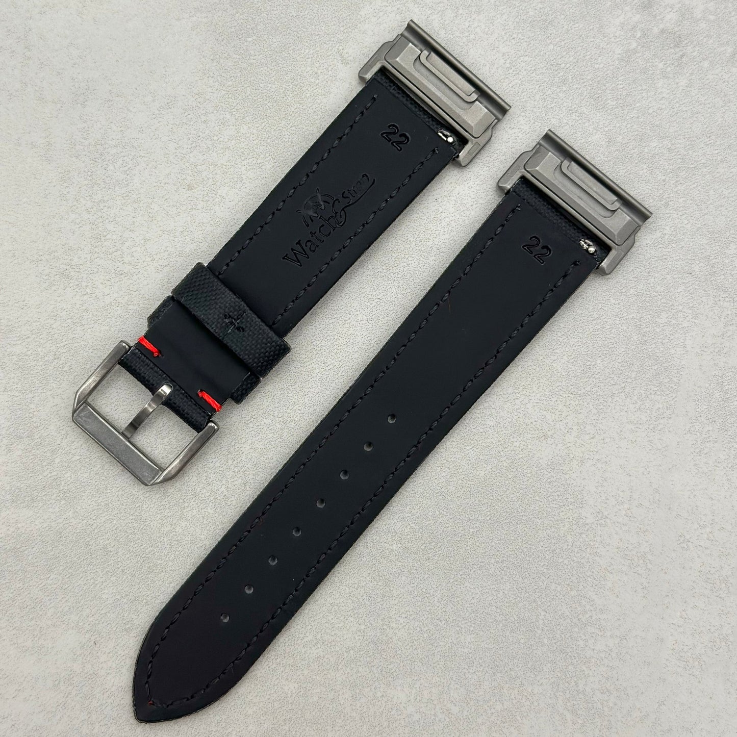 The Bermuda: Jet Black Sail Cloth Garmin QuickFit Watch Strap With Red Stitching
