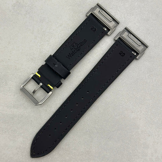 Rear of the black sail cloth Garmin Quickfit watch strap with yellow stitching.