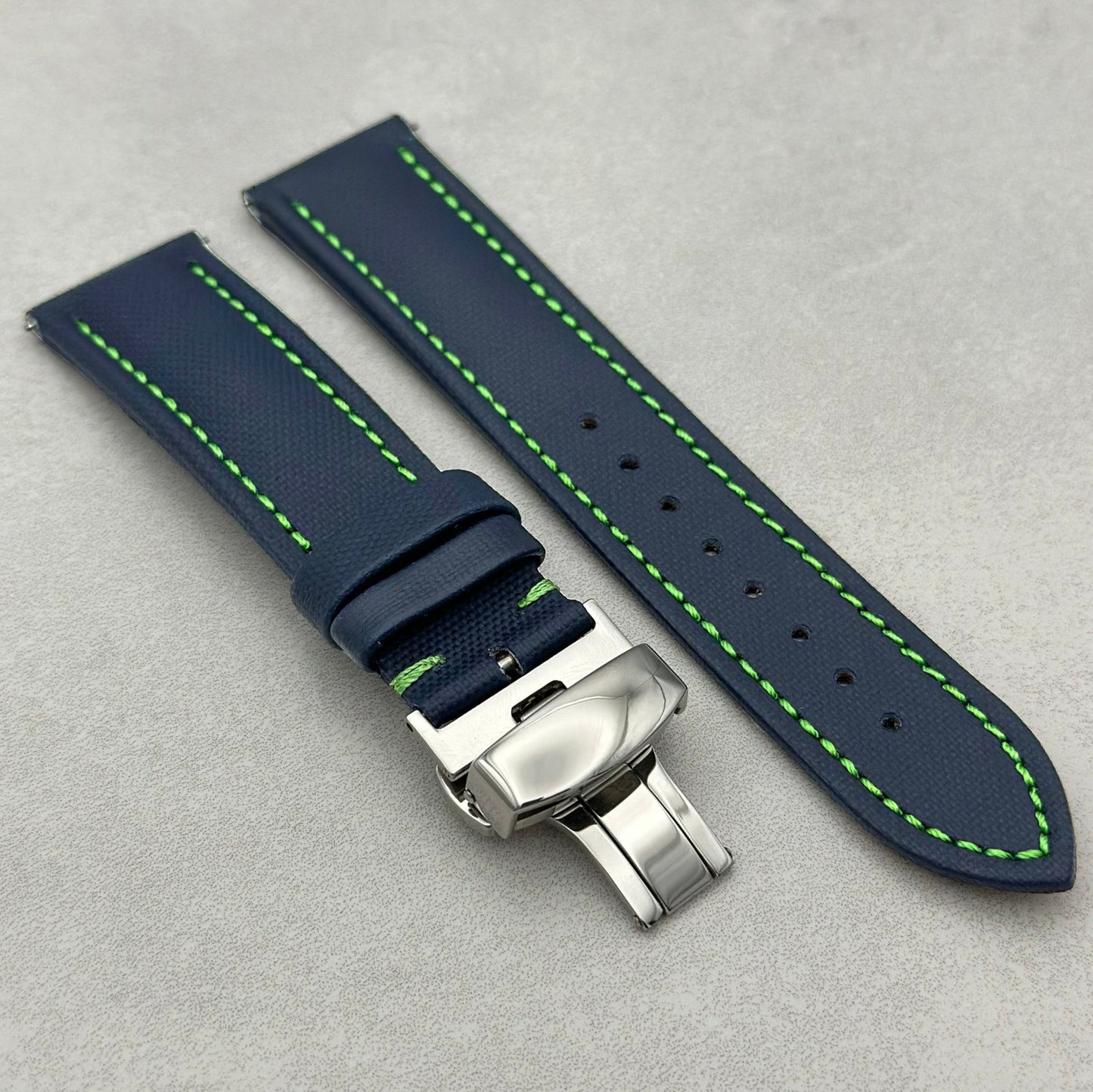 The Bermuda: Navy Blue Sail Cloth Watch Strap With Contrast Green Stitching