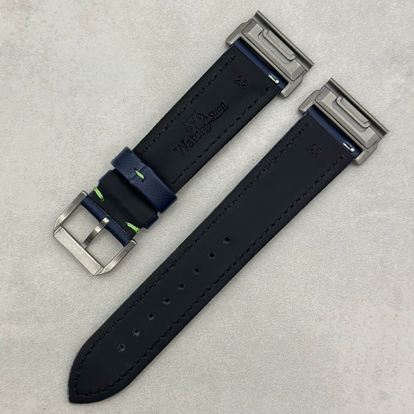 The Bermuda: Navy Blue Sail Cloth Garmin QuickFit Watch Strap With Green Stitching