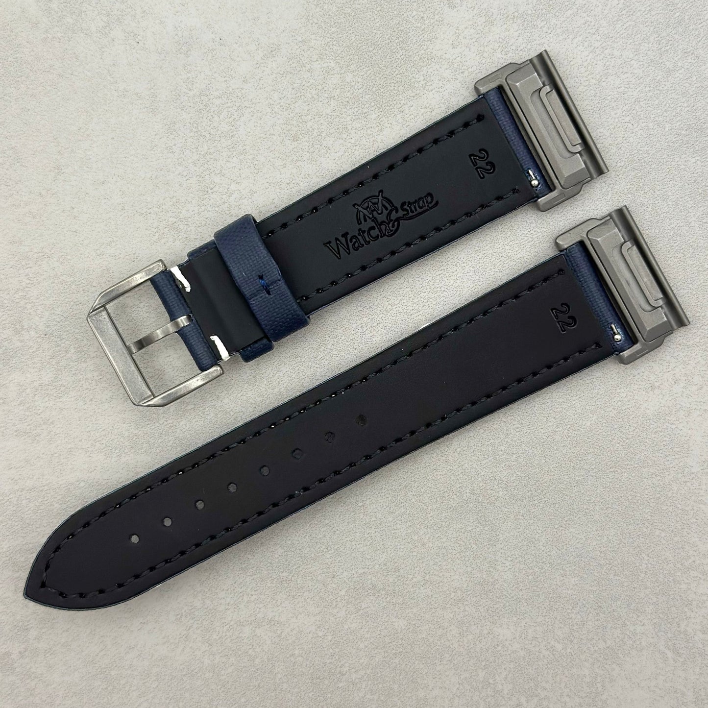 The Bermuda: Navy Blue Sail Cloth Garmin QuickFit Watch Strap With White Stitching