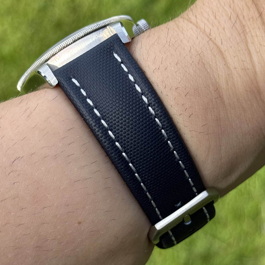 The Bermuda: Navy Blue Sail Cloth Watch Strap With Contrast White Stitching