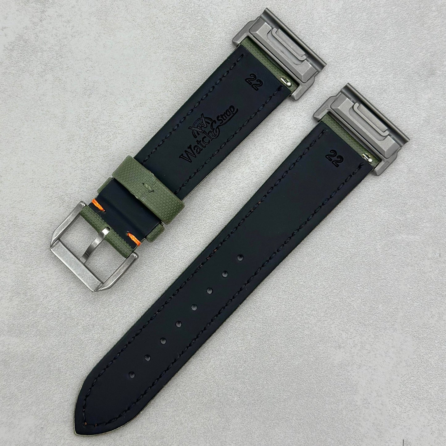 Garmin khaki green sail cloth Garmin Quickfit watch strap with contrast orange stitching. 20mm, 22mm, 26mm.
