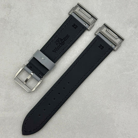 Rear of the Bermuda grey sail cloth Garmin Quickfit watch strap with black stitching. 20mm, 22mm, 26mm.