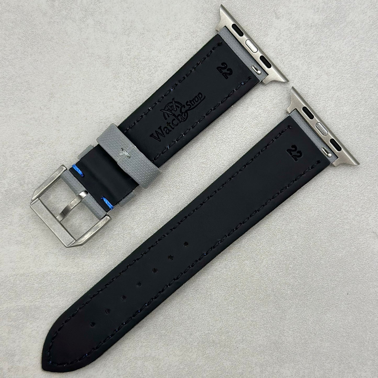 The Bermuda: Grey Sail Cloth Apple Watch Strap With Contrast Blue Stitching