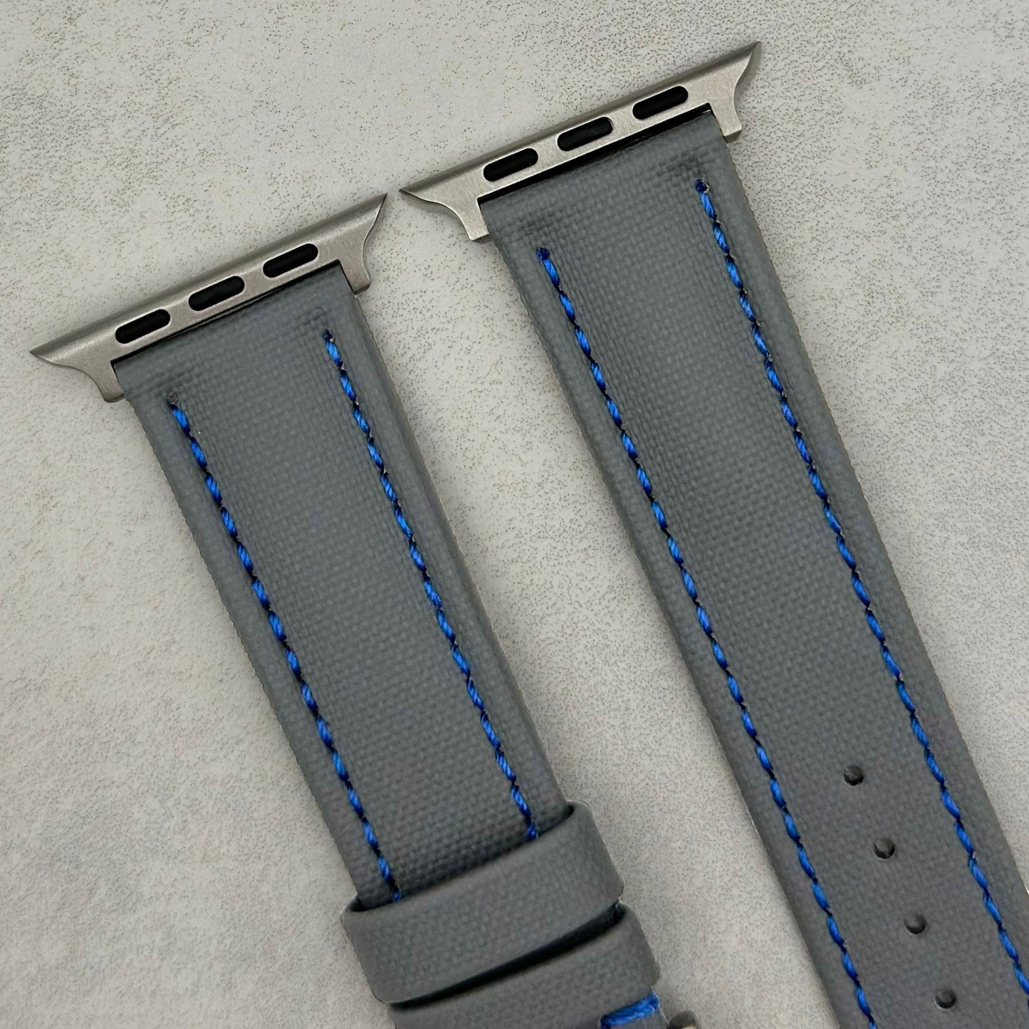 The Bermuda: Grey Sail Cloth Apple Watch Strap With Contrast Blue Stitching
