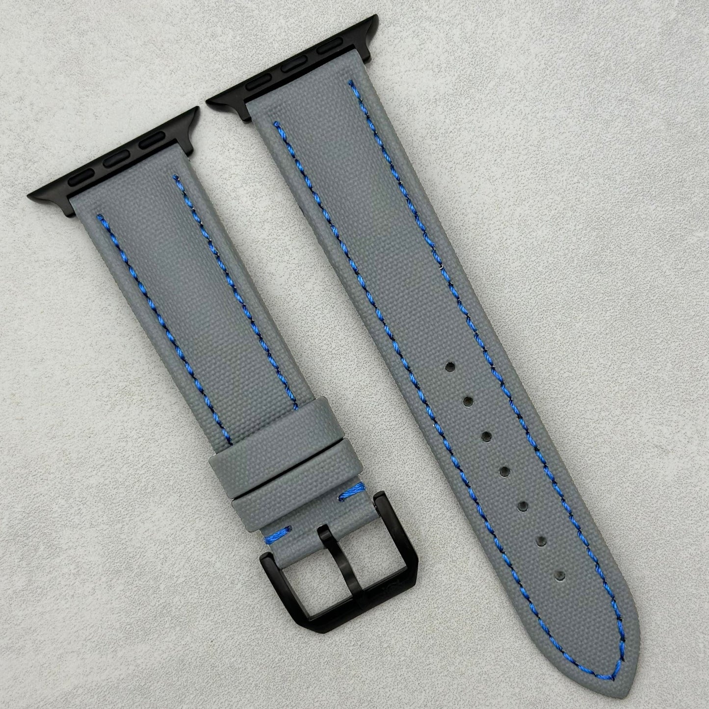 The Bermuda: Grey Sail Cloth Apple Watch Strap With Contrast Blue Stitching