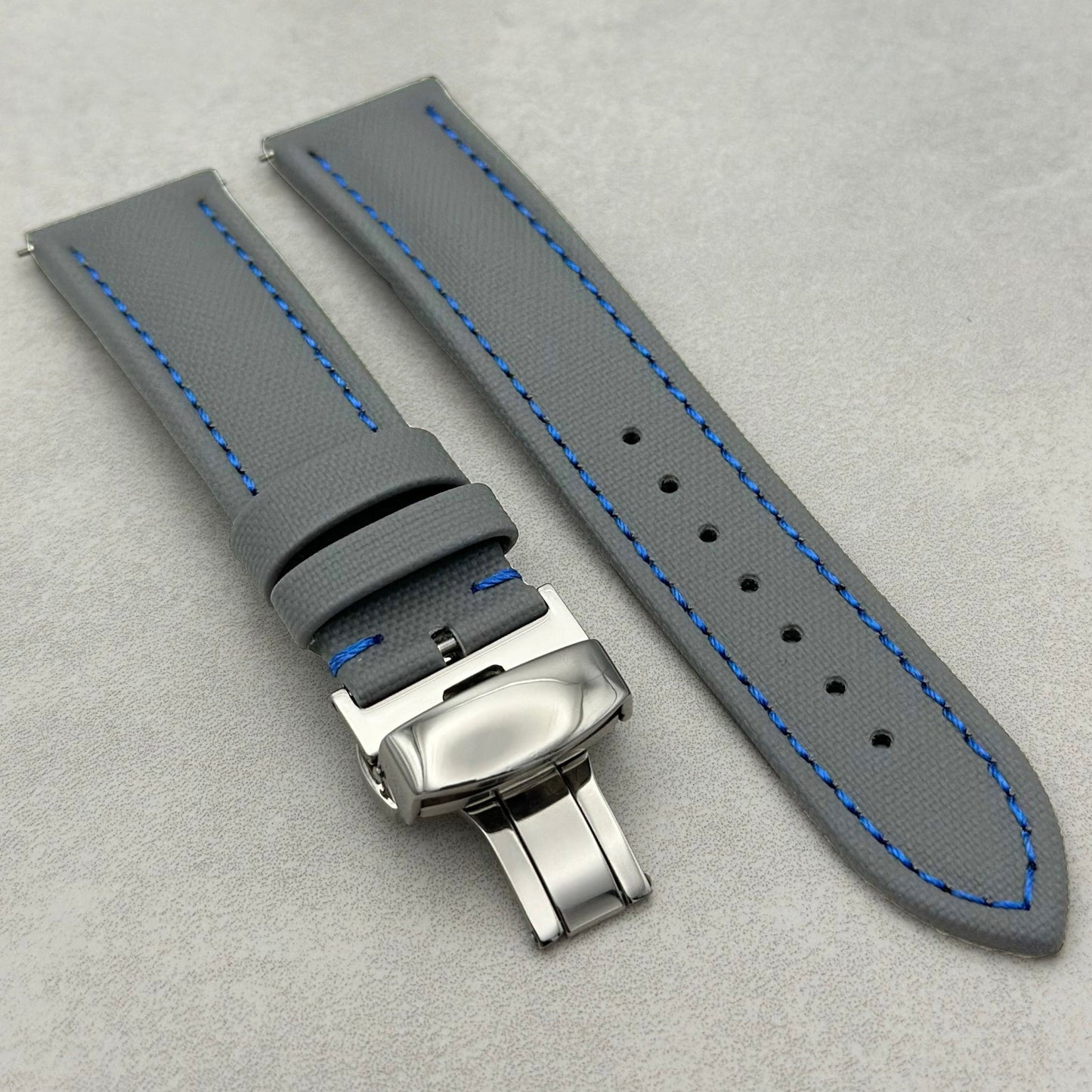 The Bermuda: Grey Sail Cloth Apple Watch Strap With Contrast Blue Stitching