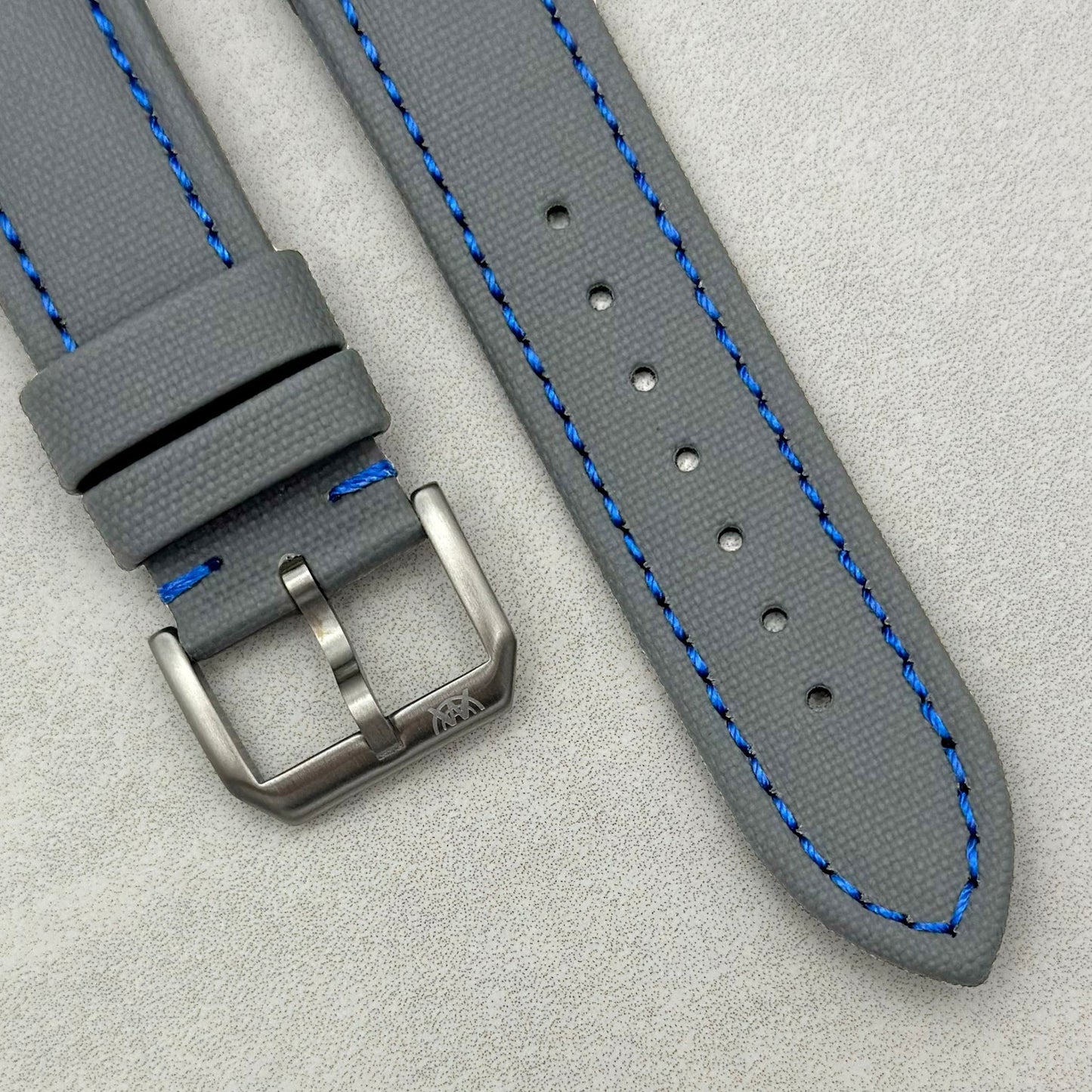 The Bermuda: Grey Sail Cloth Apple Watch Strap With Contrast Blue Stitching