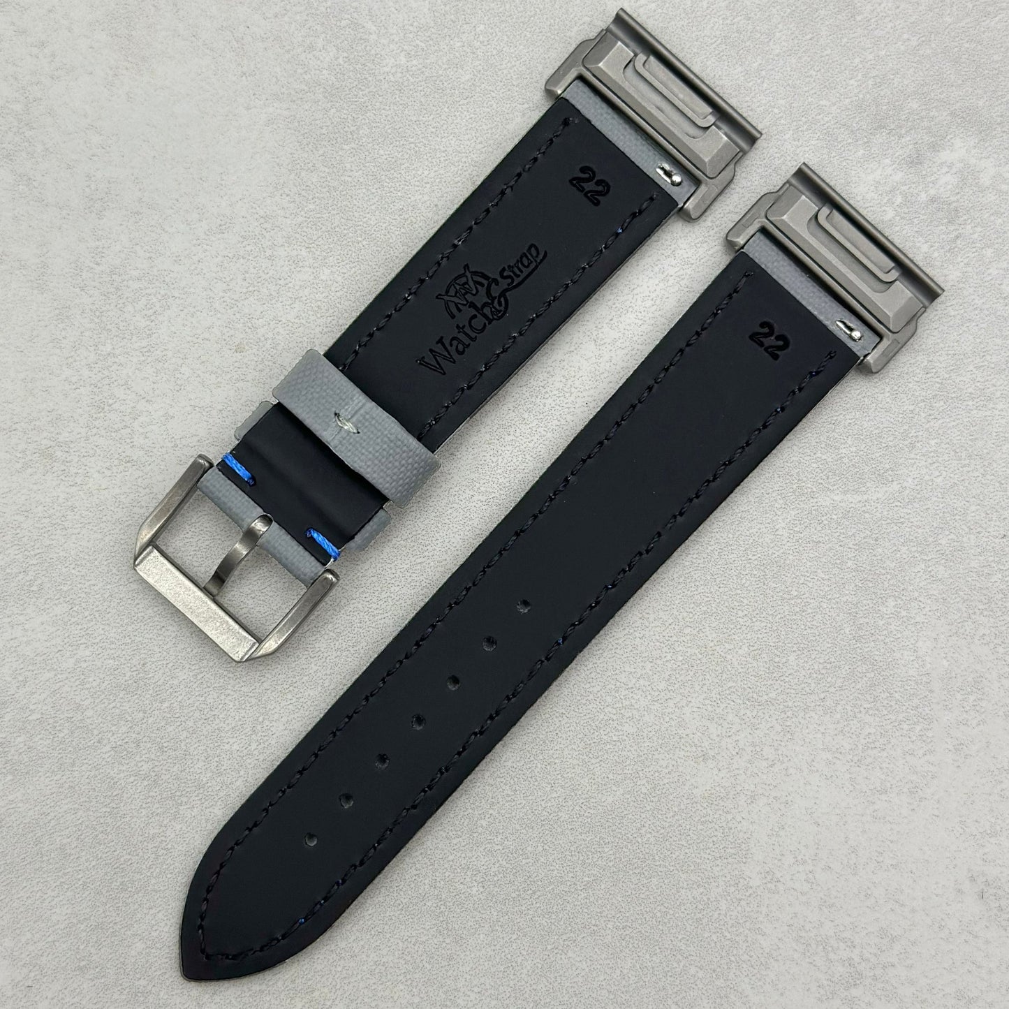 The Bermuda: Grey Sail Cloth Garmin QuickFit Watch Strap With Blue Stitching