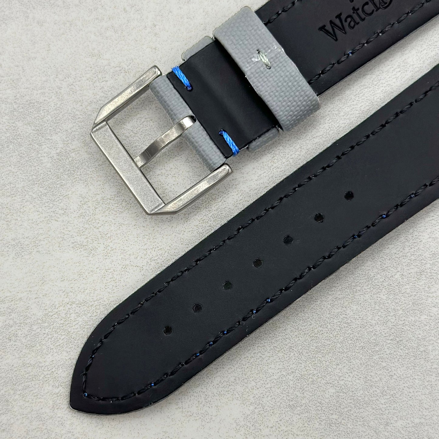 The Bermuda: Grey Sail Cloth Apple Watch Strap With Contrast Blue Stitching