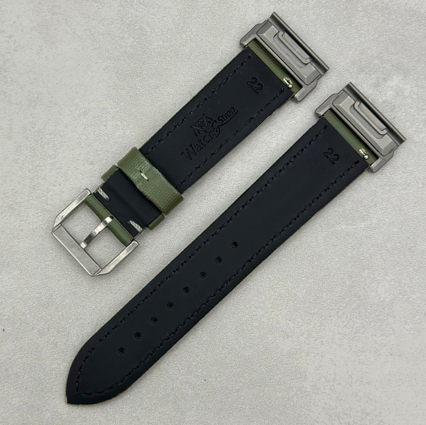 The Bermuda: Khaki Green Sail Cloth Garmin QuickFit Watch Strap With Grey Stitching
