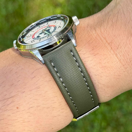 The Bermuda: Khaki Green Sail Cloth Watch Strap With Contrast Grey Stitching