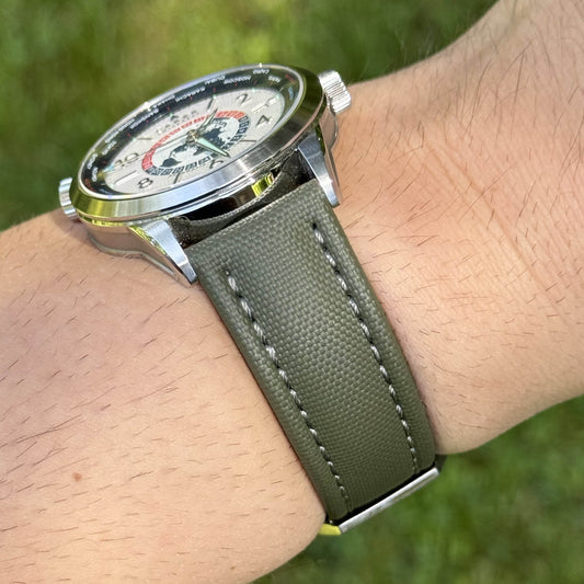 The Bermuda: Khaki Green Sail Cloth Watch Strap With Contrast Grey Stitching