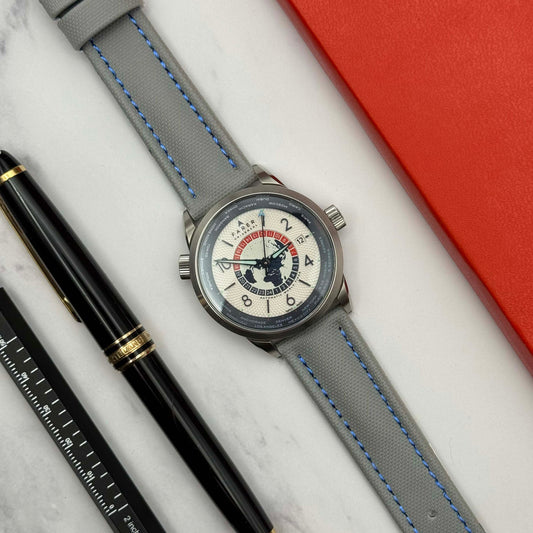 The Bermuda: Grey Sail Cloth Watch Strap With Contrast Blue Stitching