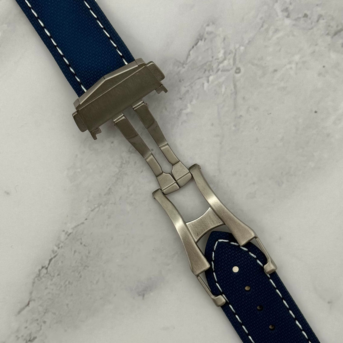 The Charleston: Blue And White Sailcloth Effect FKM Rubber Deployant Strap