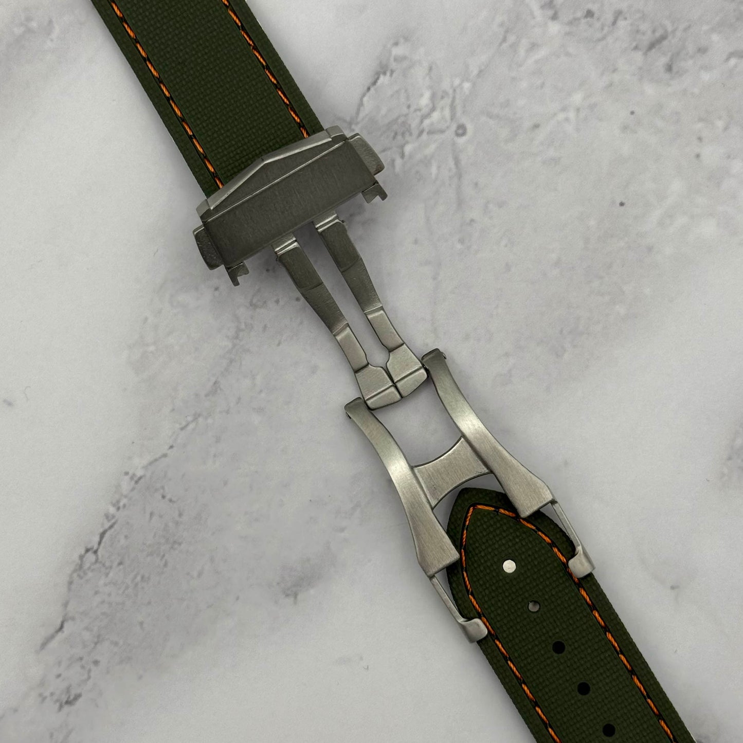 The Charleston: Green And Orange Sailcloth Effect FKM Rubber Deployant Strap
