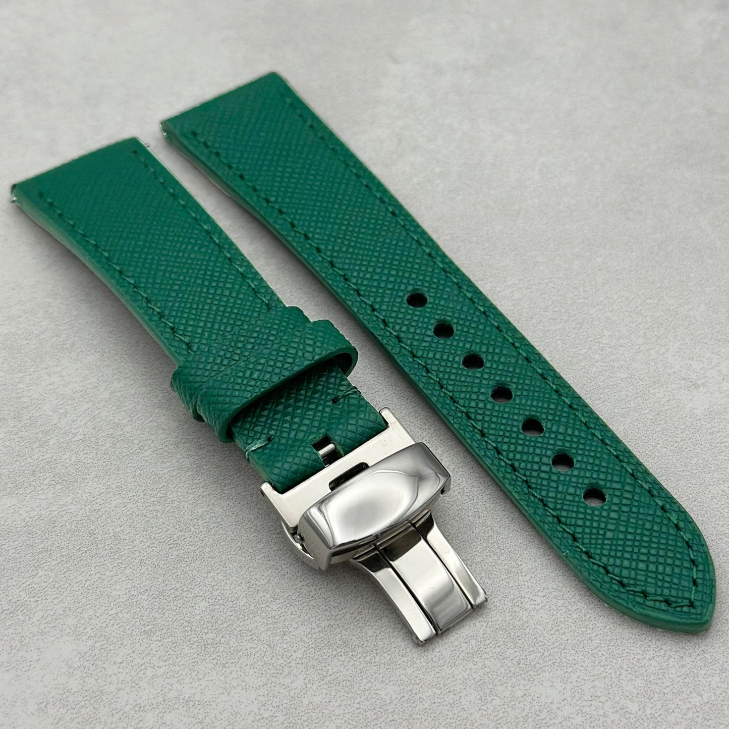 Florence green leather Apple Watch Strap. Polished Butterfly Clasp. Series 3 4 5 6 7 8 9 10 SE Ultra. Watch And Strap