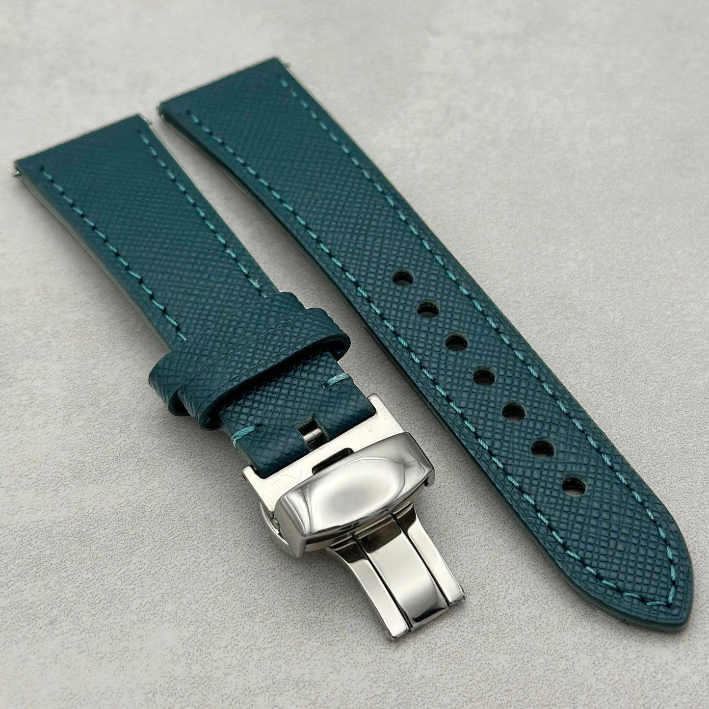 The Florence: Dark Teal Blue Saffiano Leather Fitbit Sense/Versa Watch Strap