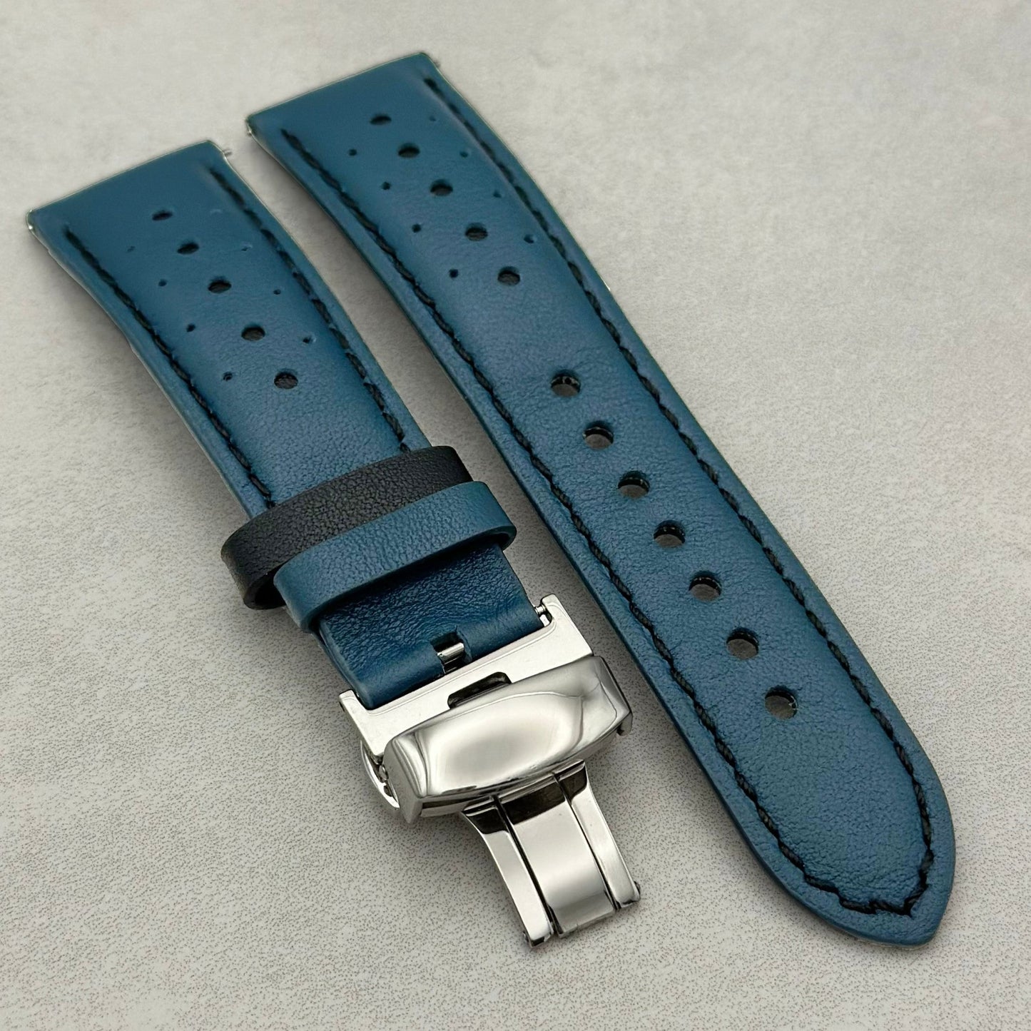 Le Mans Blue and Black leather Watch strap with polished butterfly clasp. Quick release. 18mm, 20mm, 22mm, 24mm