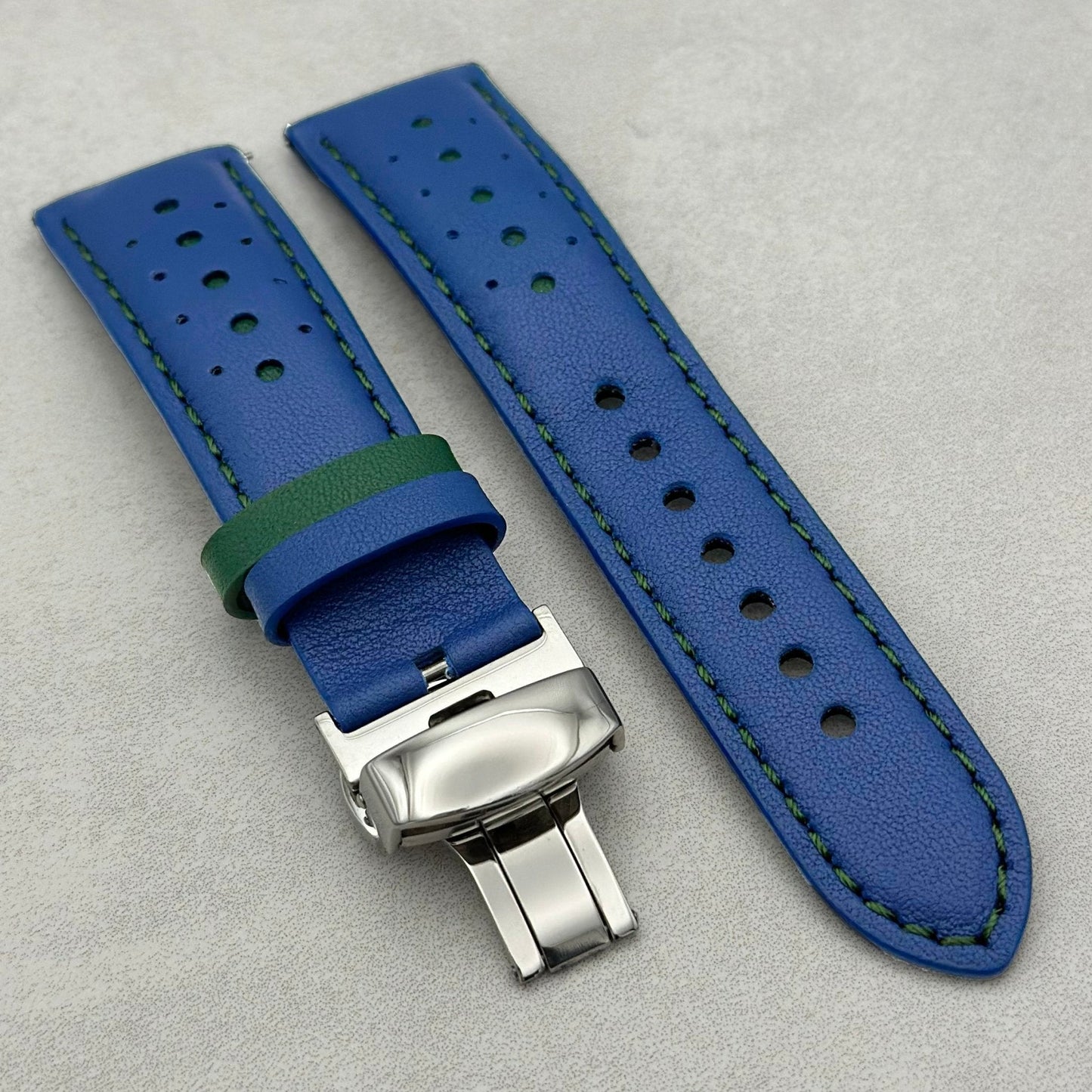 Le Mans: Cobalt Blue and Green Leather Padded Racing Watch Strap