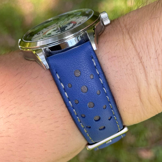 Le Mans: Cobalt Blue and Grey Leather Padded Racing Watch Strap