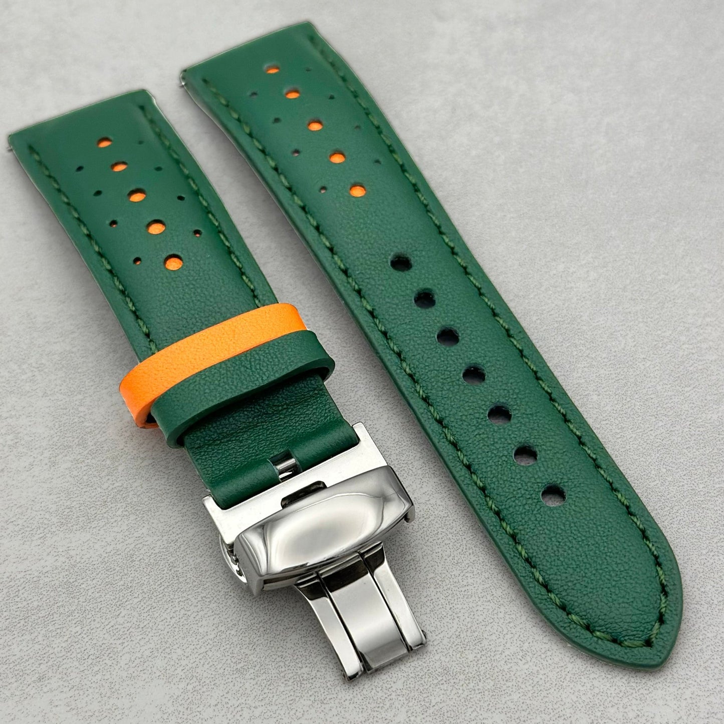 Le Mans Green and orange leather Apple Watch strap with polished butterfly clasp. Apple Watch Series 4 5 6 7 8 9 10 SE Ultra