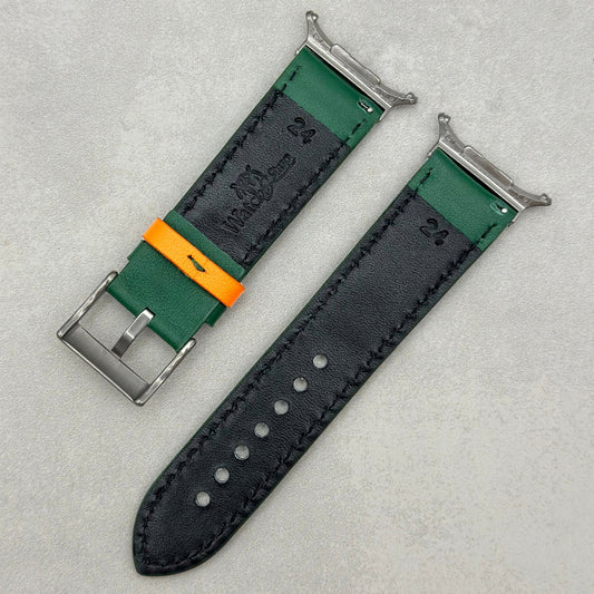 Le Mans: Forest Green and Orange Leather Padded Racing Samsung Galaxy Watch Ultra Strap