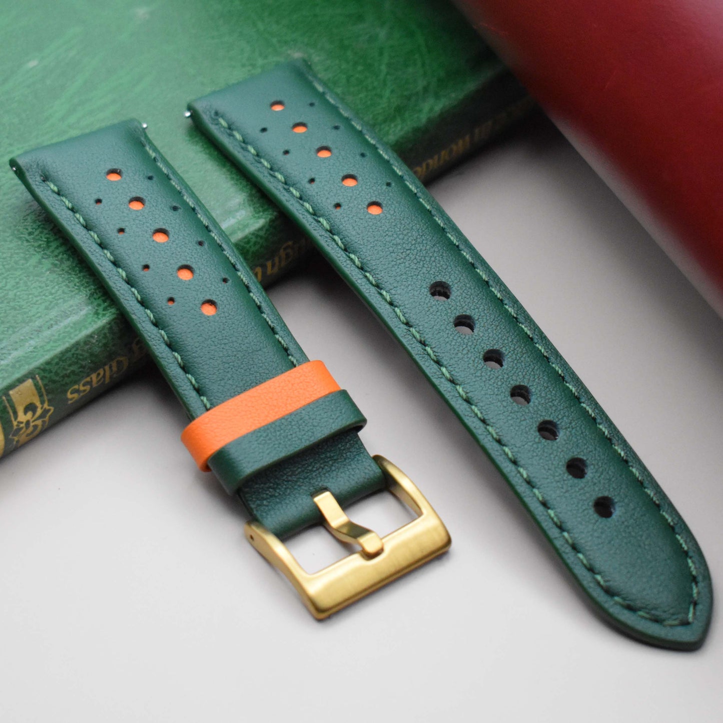 Green and orange full grain leather watch strap. Gold Buckle. 18mm, 20mm, 22mm, 24mm. Quick Release.