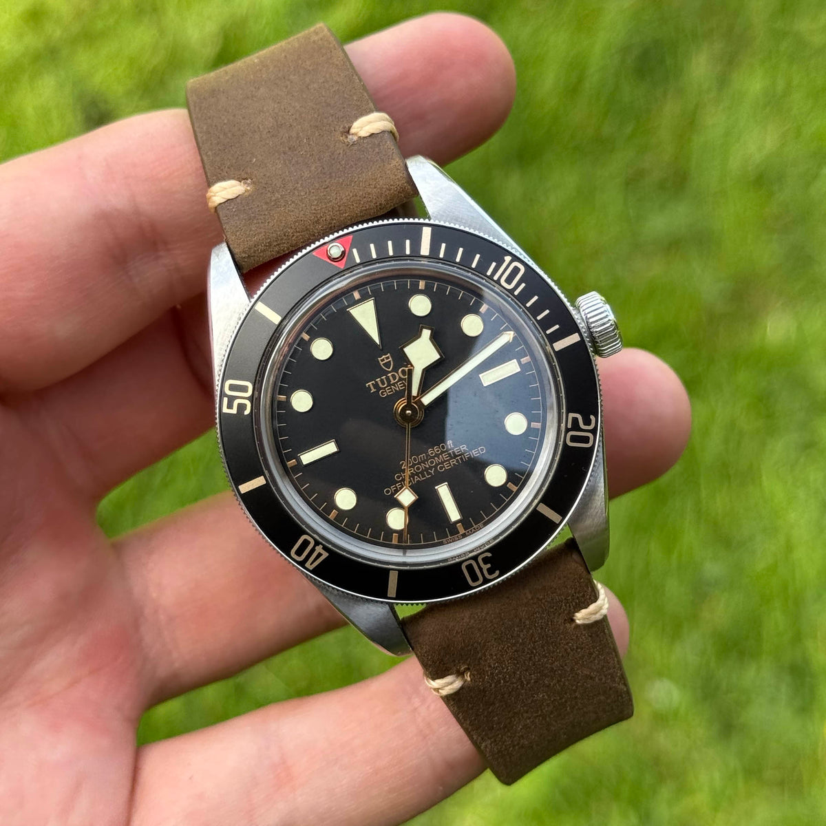 Madrid chocolate brown full grain leather watch strap on Tudor Blackbay 58. Available in 18mm, 19mm, 20mm, 21mm, 22mm, 24mm.