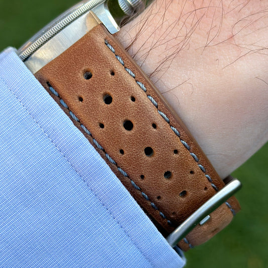The Monte Carlo: Vintage Tan Perforated Leather Fitbit Versa/Sense Watch Strap