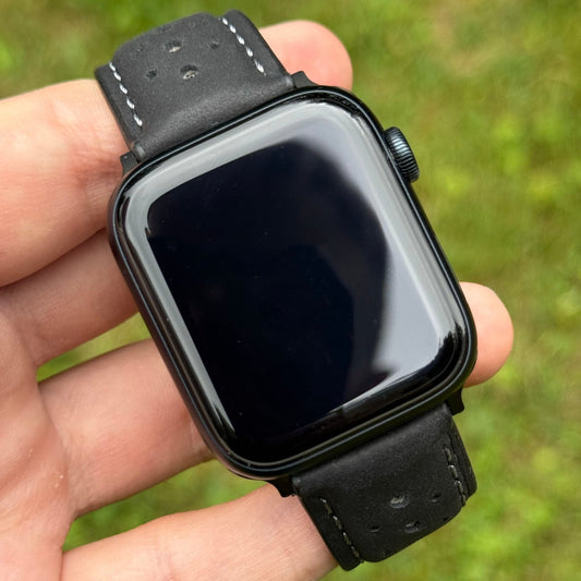 The Monte Carlo: Jet Black Perforated Leather Apple Watch Strap