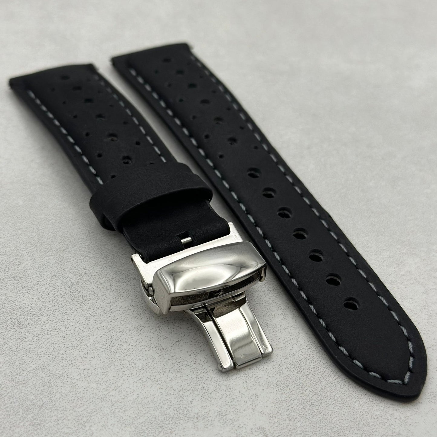 The Monte Carlo: Jet Black Perforated Leather Google Pixel Watch Strap