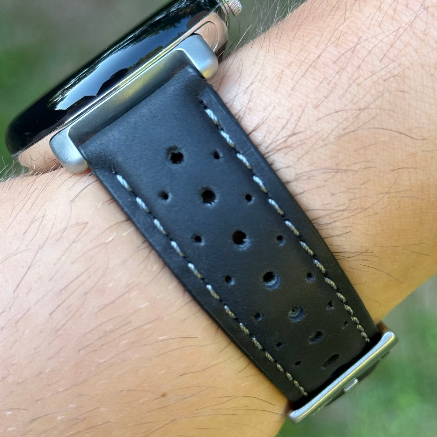 The Monte Carlo: Jet Black Perforated Leather Google Pixel Watch Strap