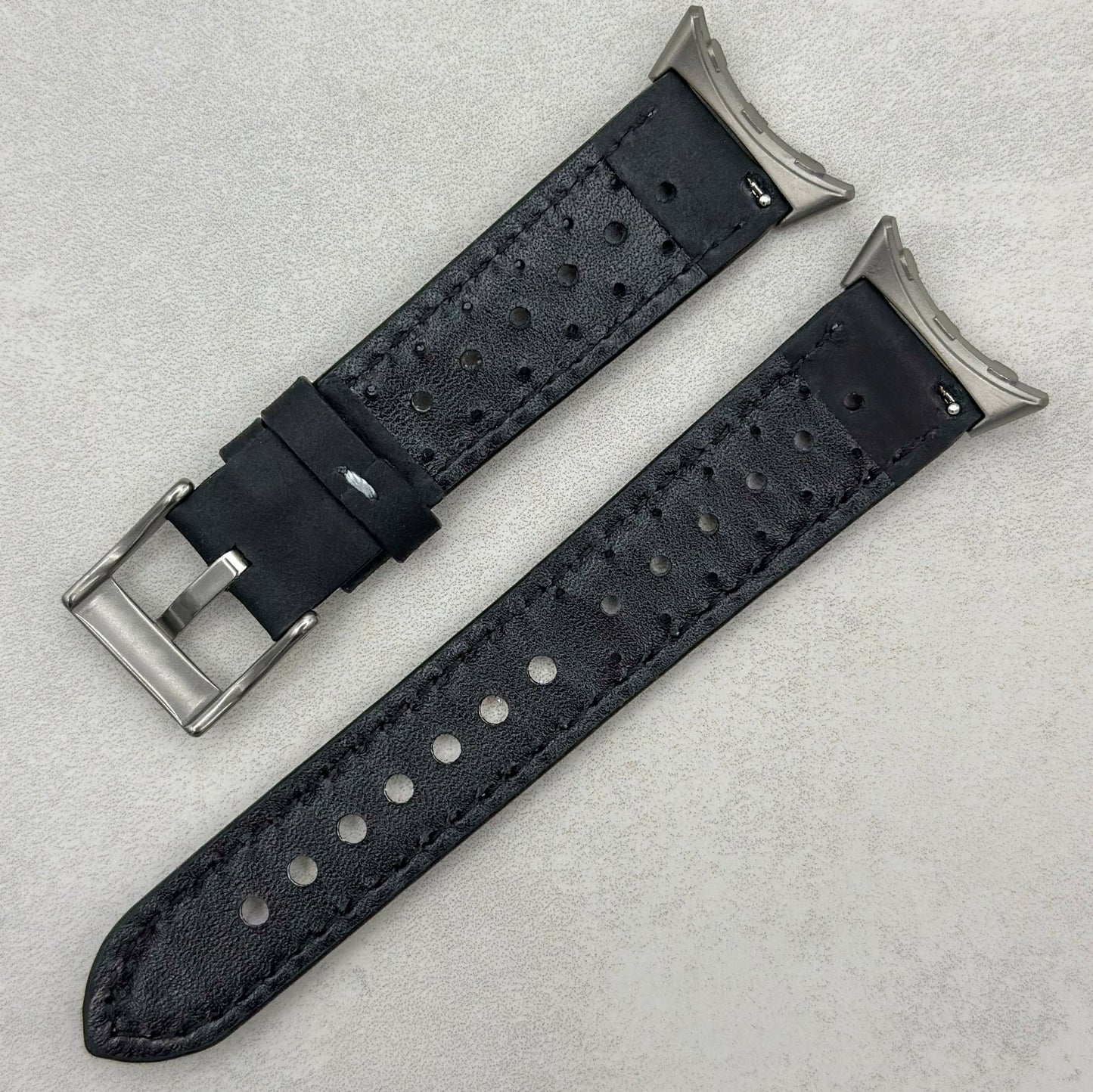 The Monte Carlo: Jet Black Perforated Leather Google Pixel Watch Strap