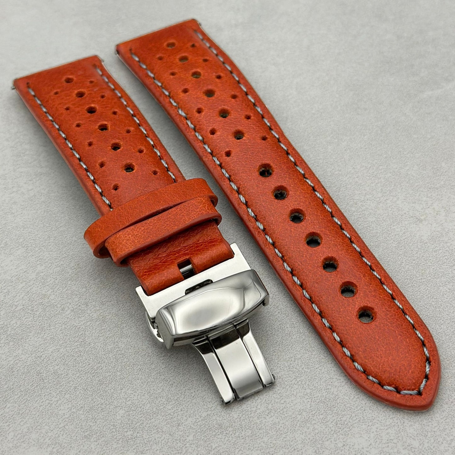 Montecarlo Orange Perforated Leather Racing Apple Watch Strap. Series 6, 7, 8, 9, 10, 11, Ultra, SE. Watch And Strap
