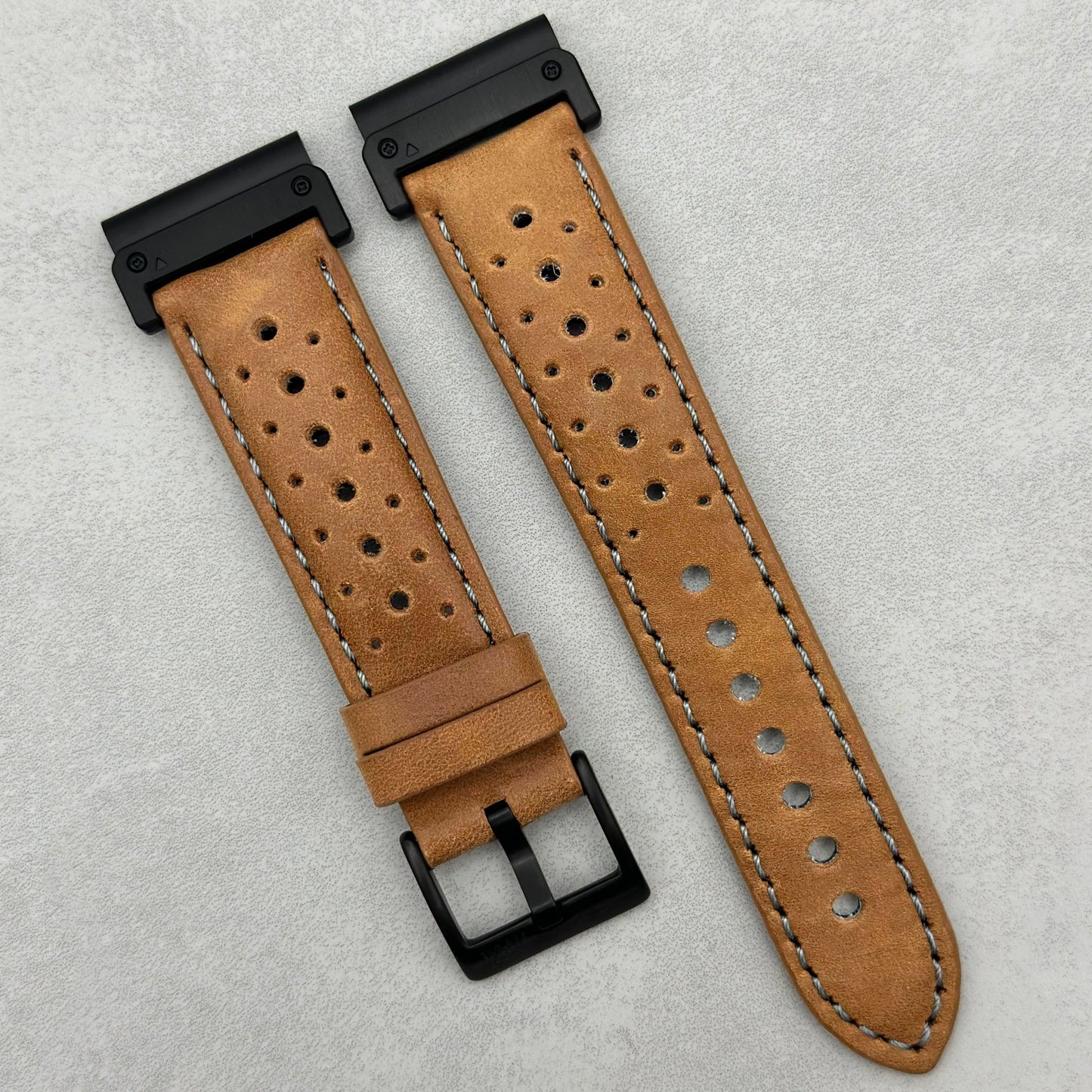 The Monte Carlo: Vintage Tan Perforated Leather Rally Garmin Quickfit Watch Strap