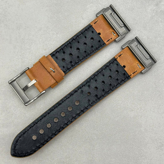The Monte Carlo: Vintage Tan Perforated Leather Rally Garmin Quickfit Watch Strap