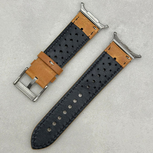 The Monte Carlo: Vintage Tan Perforated Leather Rally Samsung Galaxy Watch Ultra Strap