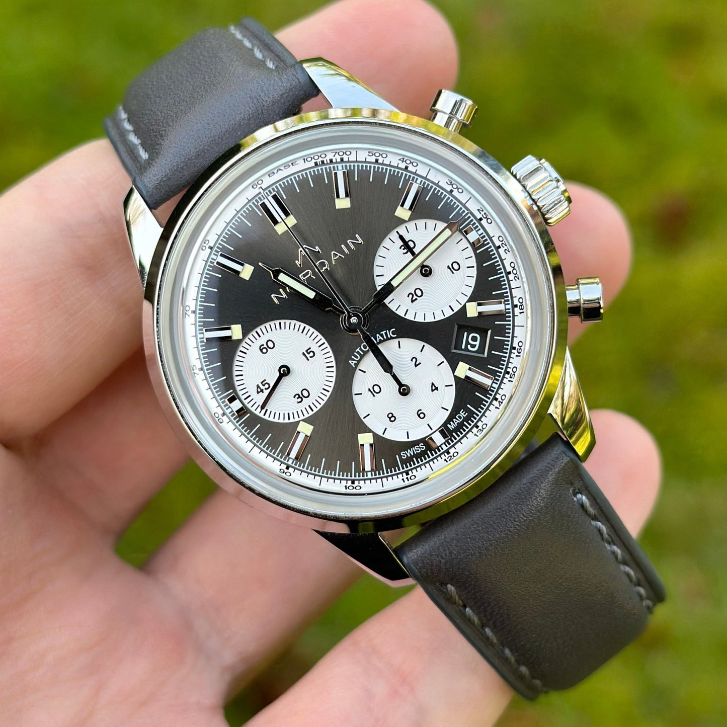 Wrist shot of the Athens grey full grain leather watch strap. 18mm, 20mm, 22mm, 24mm. Watch And Strap