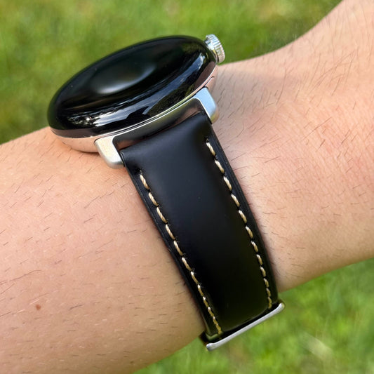 Oxford black full grain leather Google Pixel Watch strap. Google Pixel Watch 2, 3, 4. Watch And Strap
