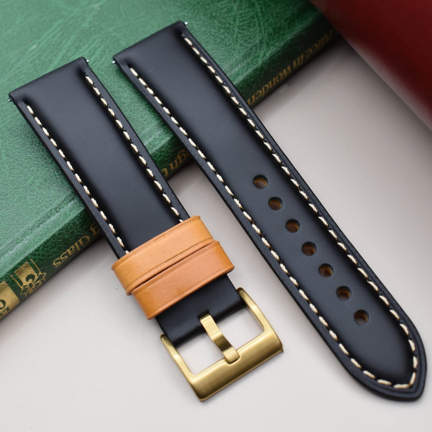 Oxford black full grain leather watch strap. Contrast tan loops. 18mm, 20mm, 22mm, 24mm. Watch And Strap.