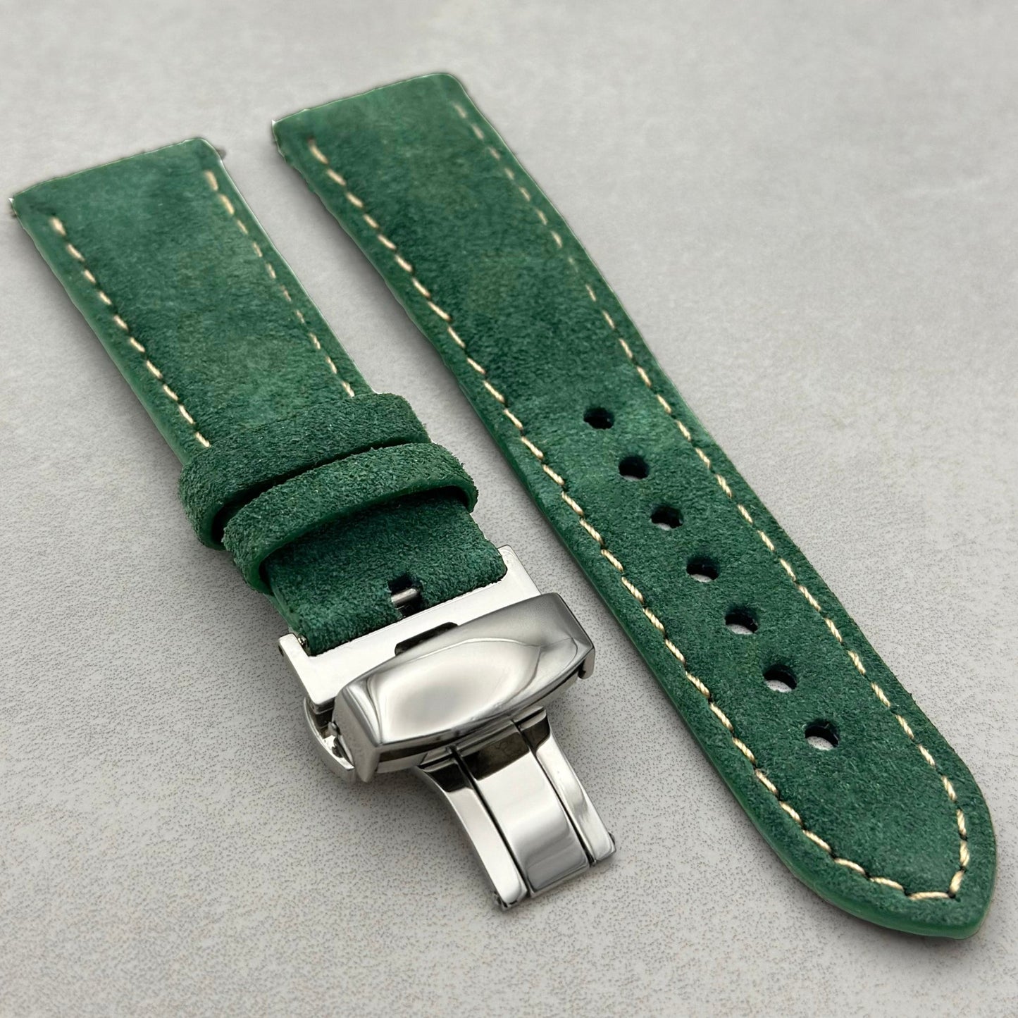 Hunter green suede Apple Watch strap. Contrast ivory stitching. Apple Watch series 6, 7, 8, 9, 10, 11, SE and Ultra.